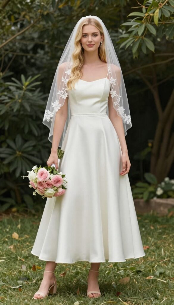 Bride in airy satin wedding dress with floral embroidered veil and block heels in garden