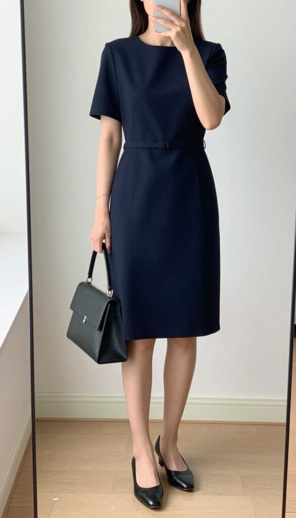 A woman in a knee-length structured dress with a belt, taking a mirror selfie in a bright office or home setting, showcasing a polished and minimalist work outfit.