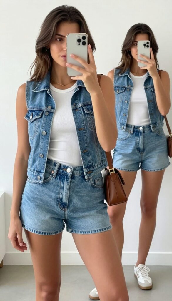 Woman in light-wash denim vest, white tank, and denim shorts taking a mirror selfie with a crossbody bag and white sneakers.