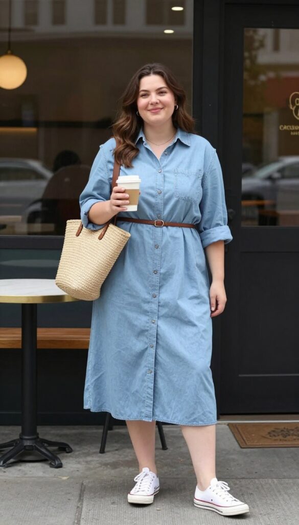 Plus-size woman in chambray shirt dress with white sneakers and straw tote outside café
