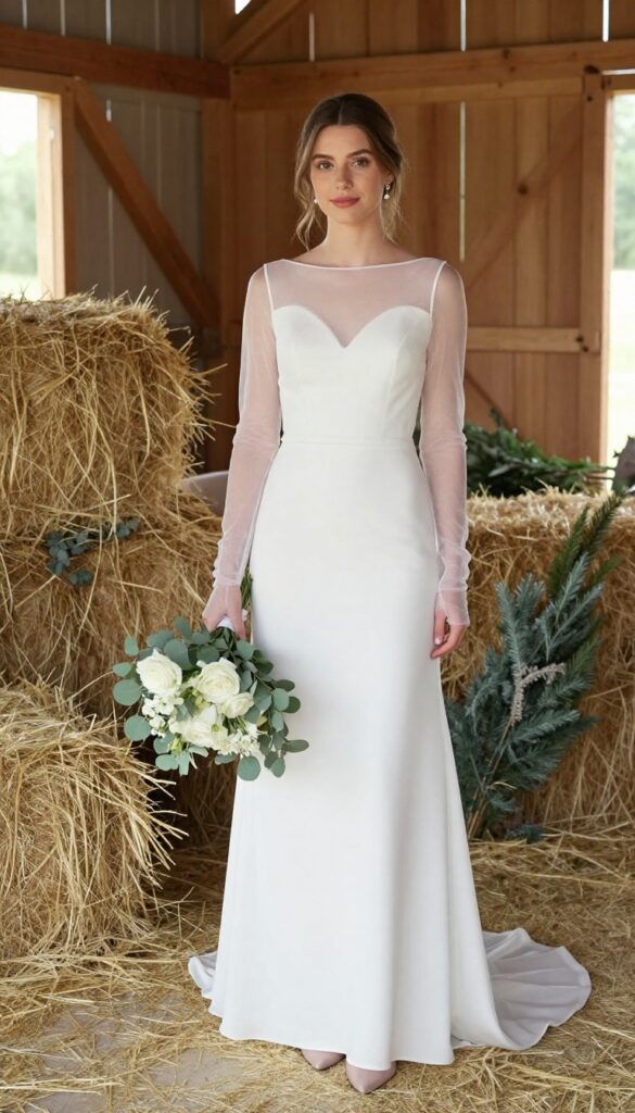 Bride in sheer illusion neckline wedding dress with short sheer gloves, holding bouquet in sunlit barn