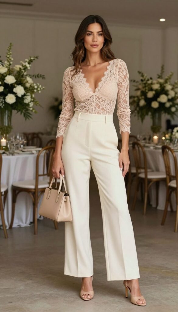 Woman in cream pantsuit with lace bodysuit at wedding reception
