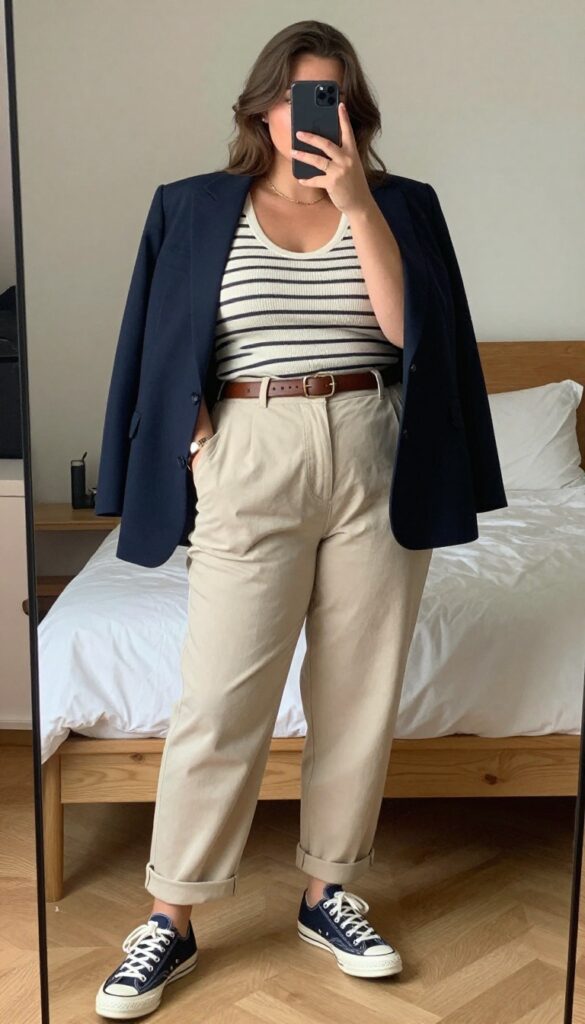 A woman in a navy blazer, striped Breton top, beige chinos, and navy Converse sneakers, posing in a mirror selfie.
