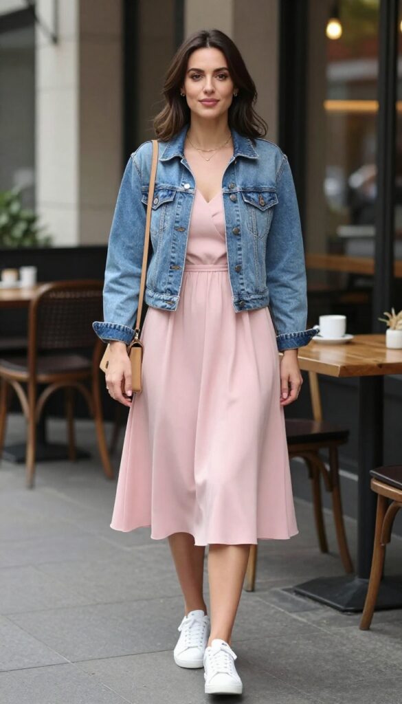 Woman in blush dress, denim jacket, white sneakers at outdoor cafe