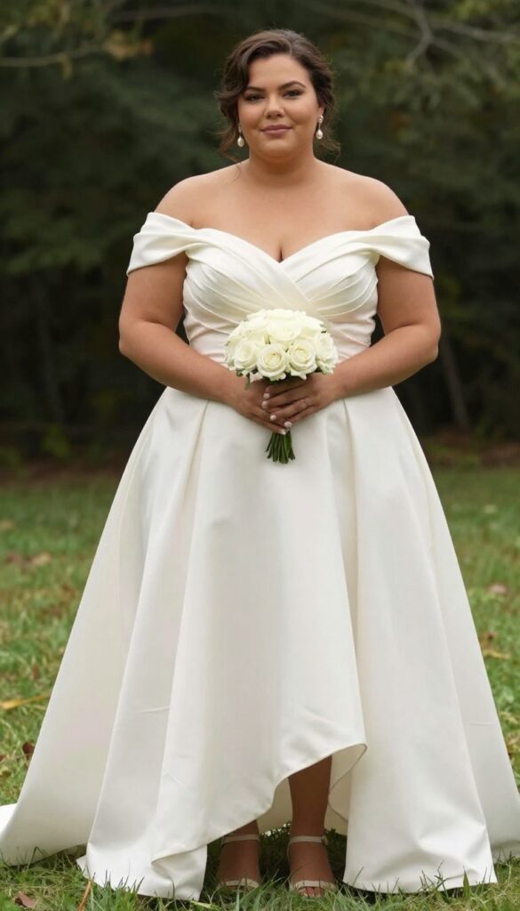 Curvy bride in off-the-shoulder ball gown with full skirt, standing in sunlit church doorway