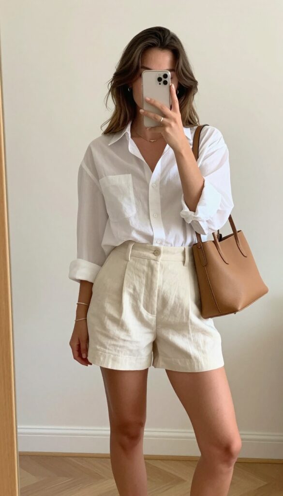 Woman in high-waisted linen shorts and white button-up shirt taking a mirror selfie, casual summer dinner outfit.