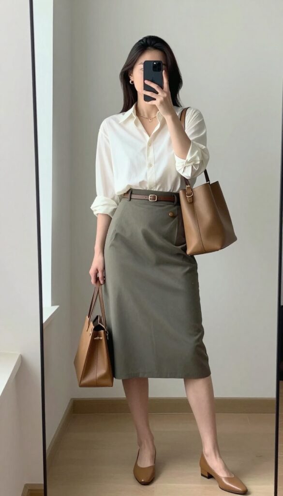 A woman in a knee-length olive wrap skirt and a tucked-in white blouse takes a mirror selfie in a bright, minimalist room, wearing low block heels and carrying a tan tote bag.