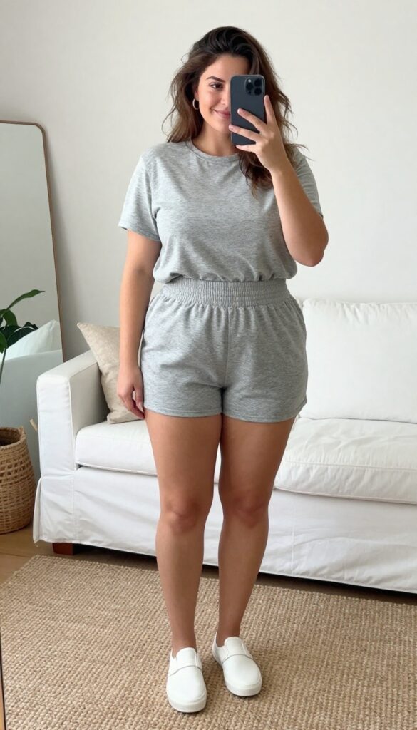 Plus-size mom in a gray matching lounge set taking a mirror selfie, wearing white sneakers and carrying a cream tote bag, in a bright living room.