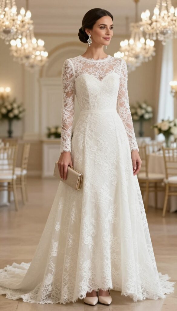 Woman in high neck lace wedding dress with chandelier earrings in grand ballroom