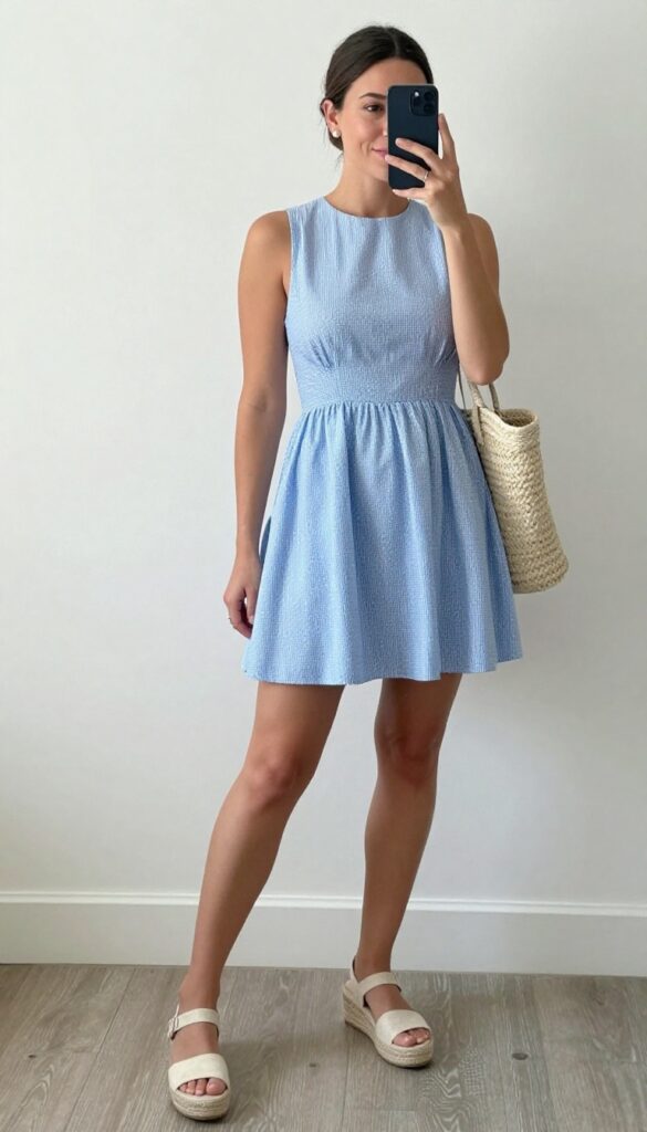 A young woman with light brown hair in a low messy bun stands on a sandy beach at golden hour, wearing a powder blue seersucker mini dress with a fitted bodice and flared skirt, espadrille wedges, and a straw tote. Behind her, a casual outdoor wedding setup with white chairs and floral arches.