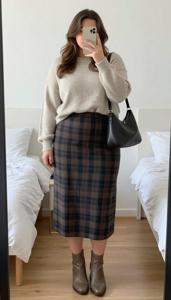 Woman in midi skirt and oversized sweater with half-tuck, ankle boots, standing in office or street setting.