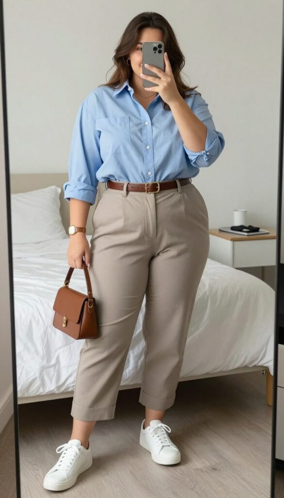A woman in a white cotton poplin shirt with sleeves rolled up, cropped trousers, and white sneakers, standing in a bright office or coffee shop.