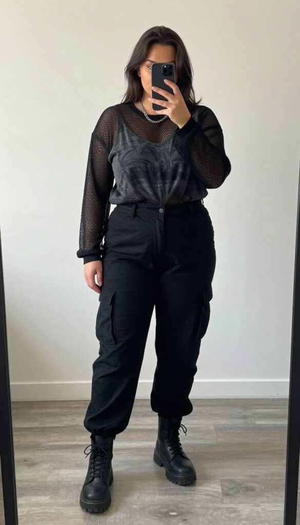 Plus-size woman in mesh top under oversized tee and cargo pants taking mirror selfie, grunge street-style outfit.
