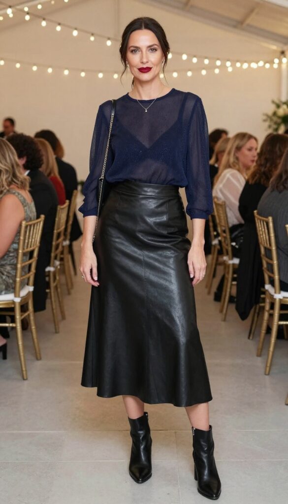 Woman in black leather skirt and sheer navy blouse at evening wedding reception