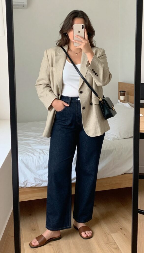 A woman wearing a beige linen blazer over a white tank top with light-wash wide-leg jeans, loafers, and a crossbody bag, standing in a bright office or café setting.