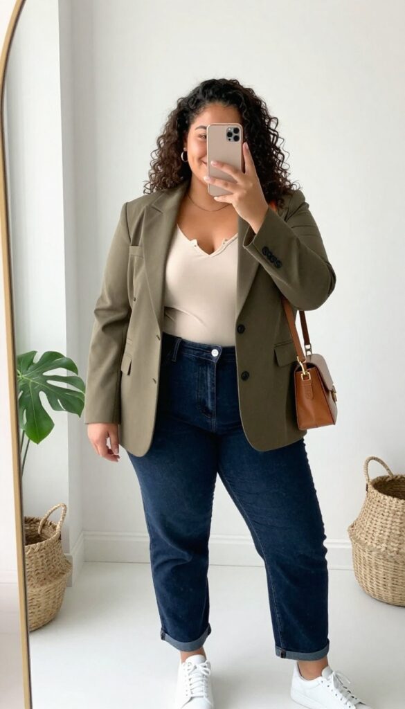 A plus-size nursing mom takes a mirror selfie wearing a cream nursing top, high-waisted jeans, and an olive blazer, with gold earrings and a tan crossbody bag, in a bright room with a plant.
