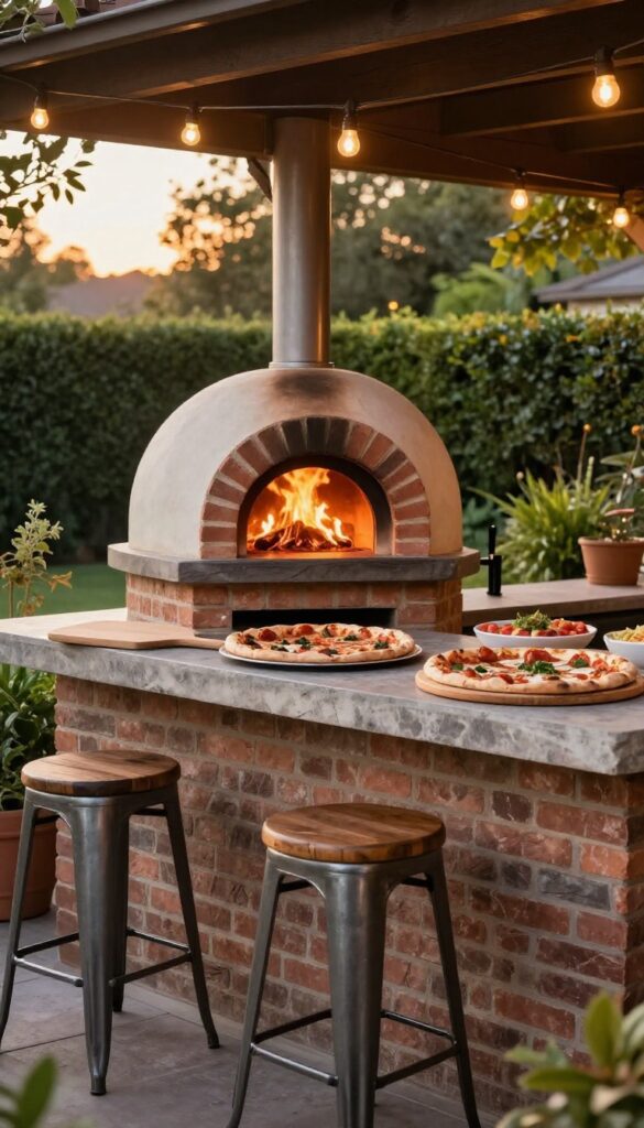 Outdoor pizza oven nook with stone counter, stools, and string lights at sunset