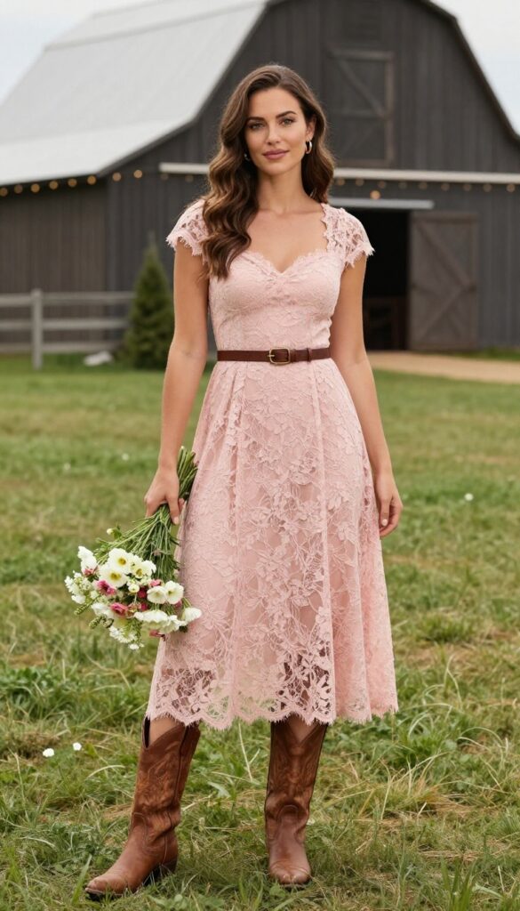 Young woman in blush lace A-line dress and cowboy boots at a country wedding, holding a wildflower bouquet.