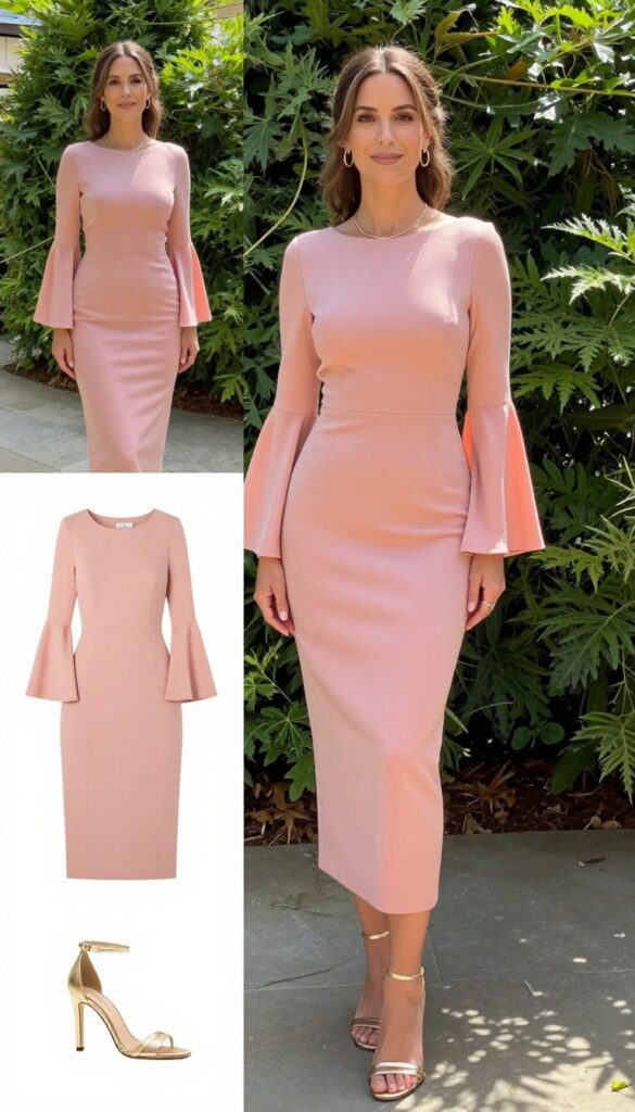 Adult woman in rose pink fit-and-flare wedding dress with peach bell sleeves, gold jewelry, strappy gold sandals, loose updo, standing in sunlit garden.