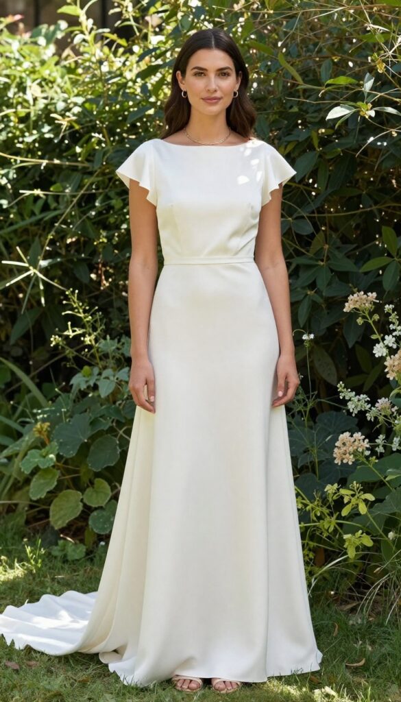 Young woman in ivory silk wedding dress with flutter sleeves and empire waist, standing in a sunlit garden, wearing minimal gold jewelry and strappy sandals.