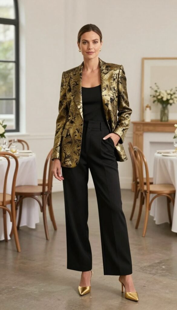 Woman in black and gold brocade pantsuit with gold mules and clutch at loft wedding