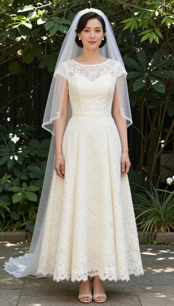 Woman in tea-length ivory lace wedding dress with blusher and fingertip veil, standing in a sunlit garden holding a white flower bouquet.