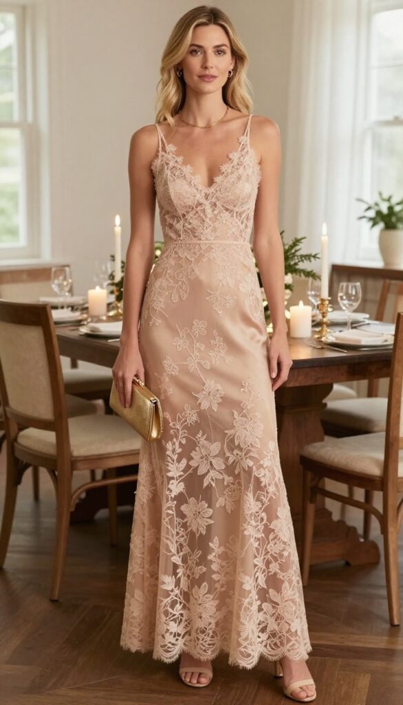 Sheer lace gown over satin slip with gold clutch and nude heels in candlelit dining room