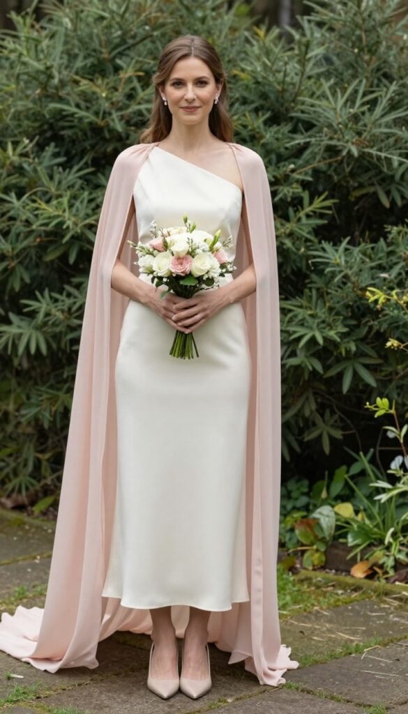 A young woman in an off-white one shoulder satin dress with a pastel pink chiffon cape, holding a bouquet at a garden wedding.