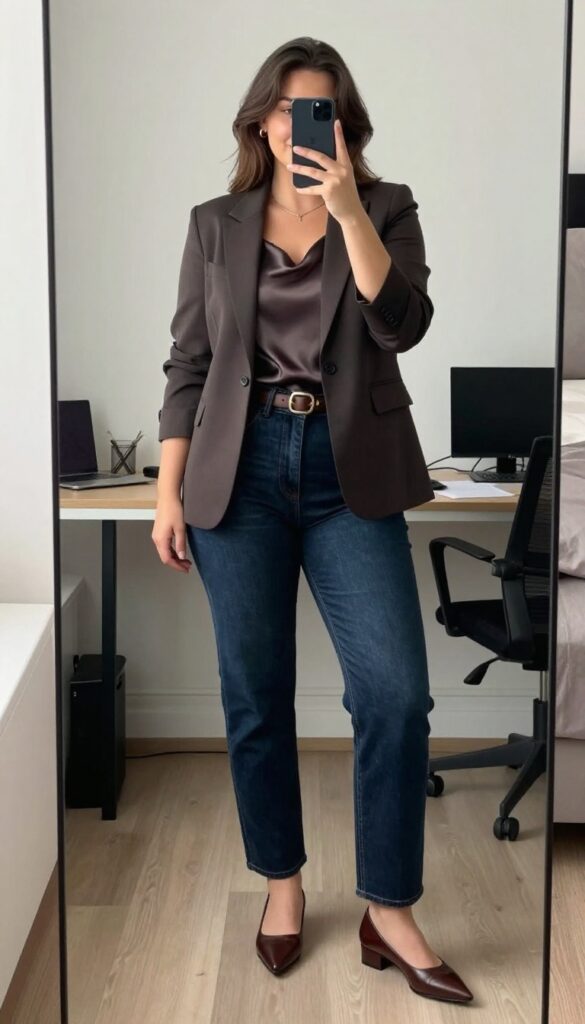 Plus size woman in dark wash straight-leg jeans, silk camisole, and tailored blazer, posing in a mirror selfie in a bedroom, phone partially covering face.
