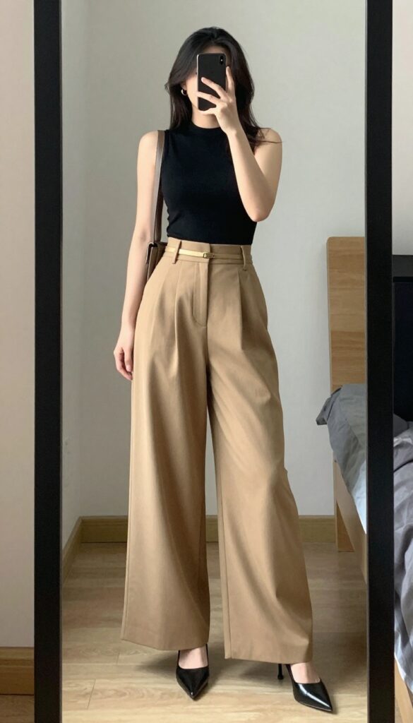 Petite woman in black mock neck top and camel wide-leg trousers, posing in front of a mirror, phone partially covering face.
