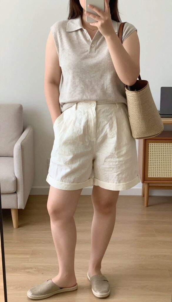 Woman in cream linen shorts and knit polo with espadrilles and crossbody bag