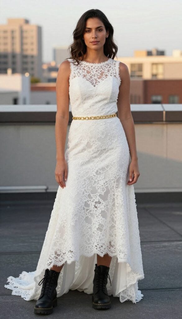 Adult woman in white lace wedding dress with gold chain belt and black combat boots, standing on rooftop at golden hour, urban skyline background, relaxed confident pose.