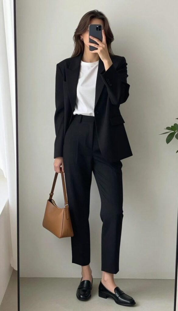 Woman in black blazer, white tee, and tailored trousers taking a mirror selfie, showcasing a simple business casual outfit.