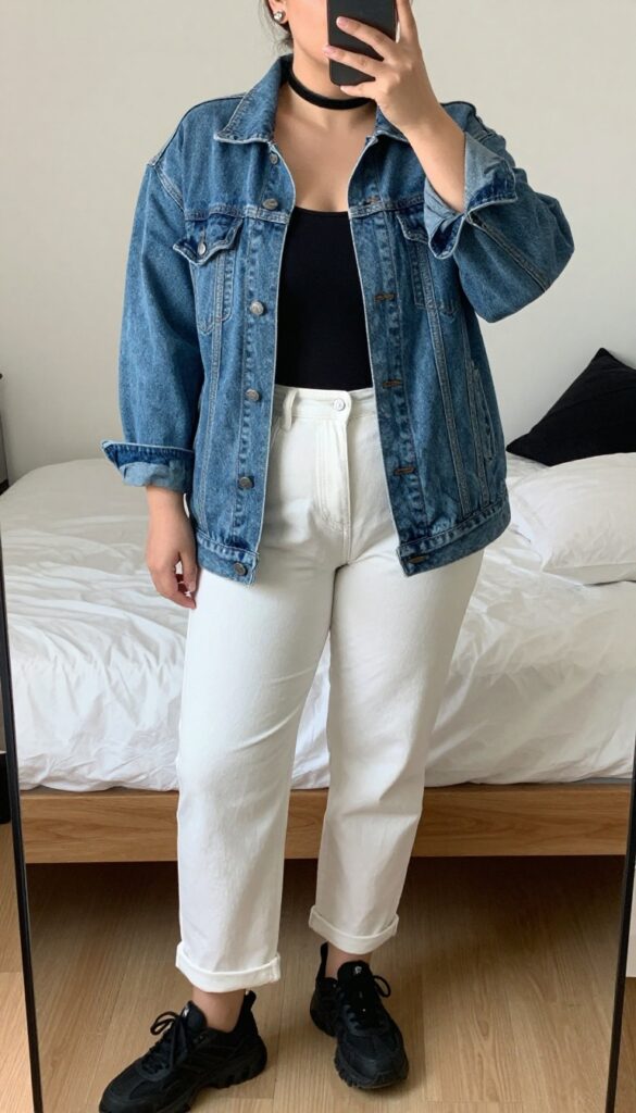 Woman in light wash denim jacket, black bodysuit, white jeans, and chunky black sneakers, with black choker and silver earrings.