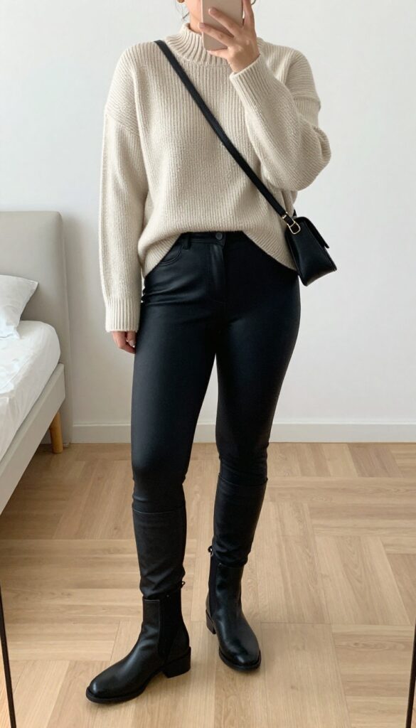 Woman in blazer, chunky sweater, leather leggings, and ankle boots taking a mirror selfie in bedroom.
