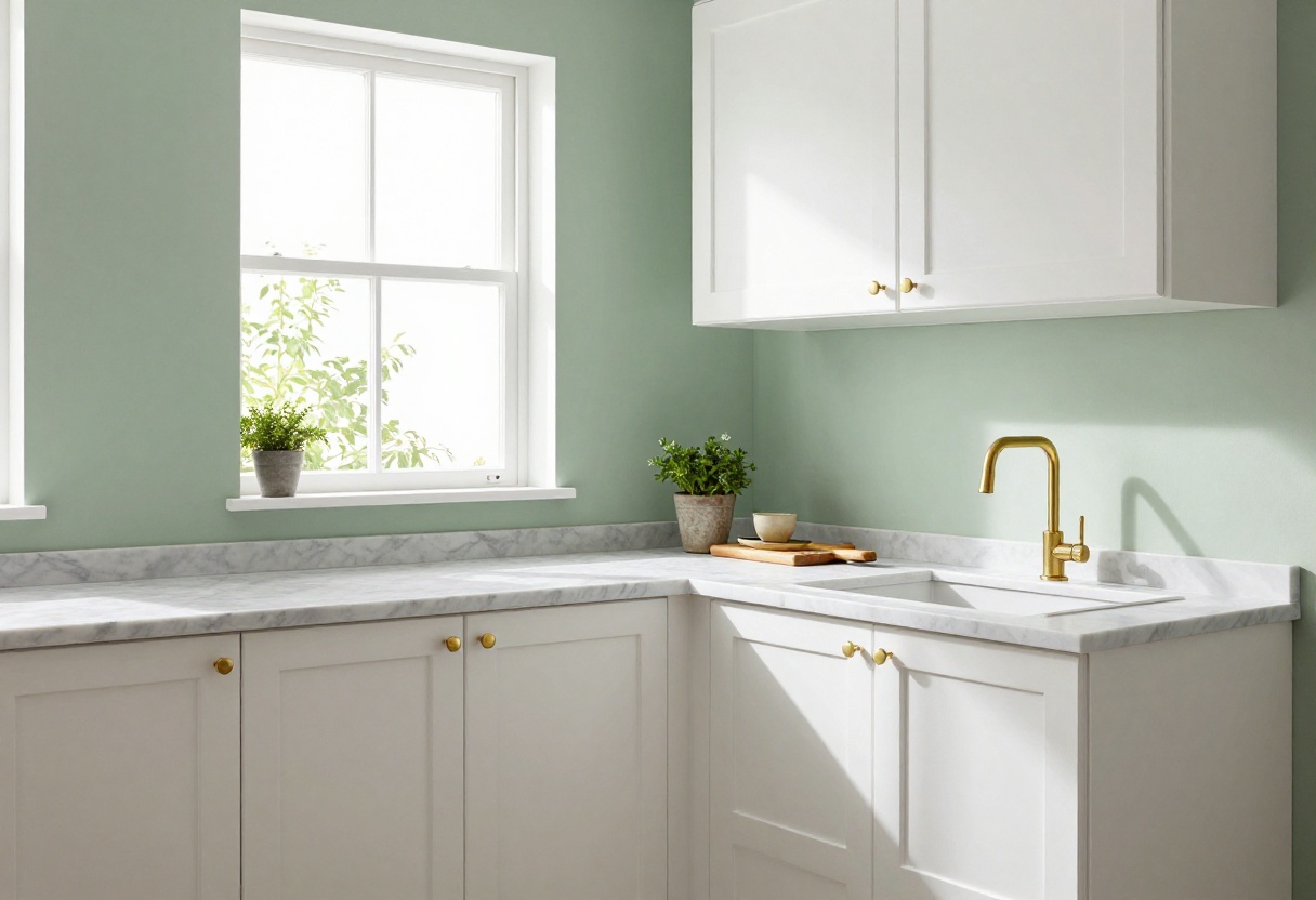 Small kitchen with sage green walls, white cabinets, and natural light