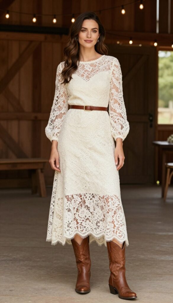 Ivory lace maxi dress with cowboy boots for a rustic outdoor wedding