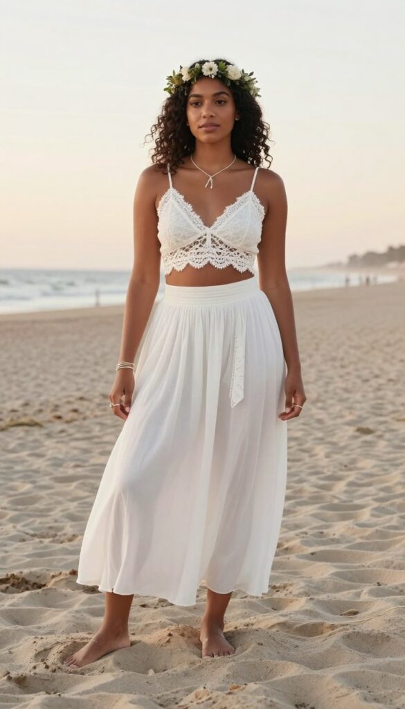 Black woman in white lace crop top and high-waist skirt at beach wedding