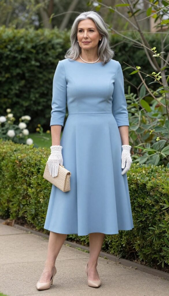 Stylish older woman with silver hair wearing powder blue A-line dress and white crocheted gloves, standing in a blooming garden, holding a woven clutch, wearing nude pumps, natural daylight.