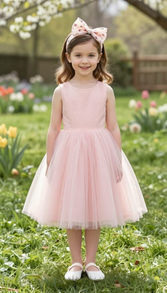 Soft pink tulle dress with floral bow headband for a child flower girl at a garden wedding.