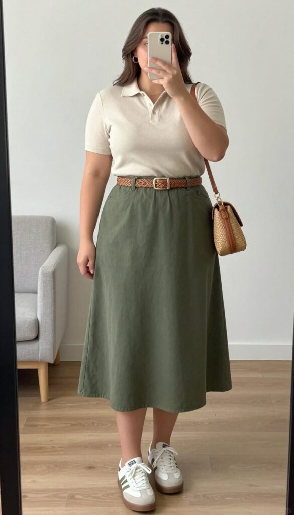 Woman in olive midi A-line skirt and cream knit polo with retro sneakers, taking mirror selfie