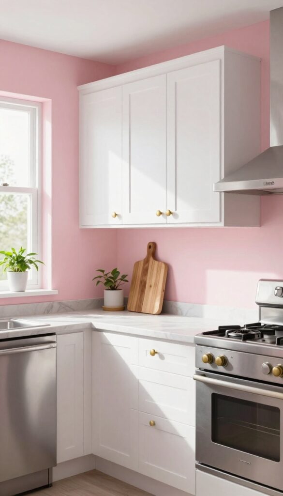 Small kitchen with dusty rose walls, white cabinets, brass hardware, and plants, bathed in natural light.