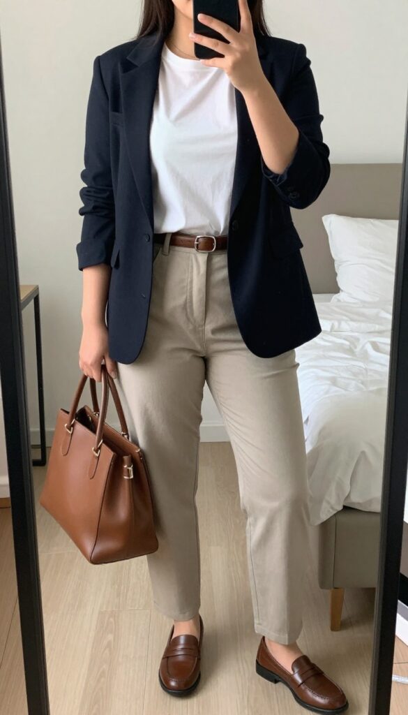 Elevated white tee and tailored trousers outfit with blazer and loafers