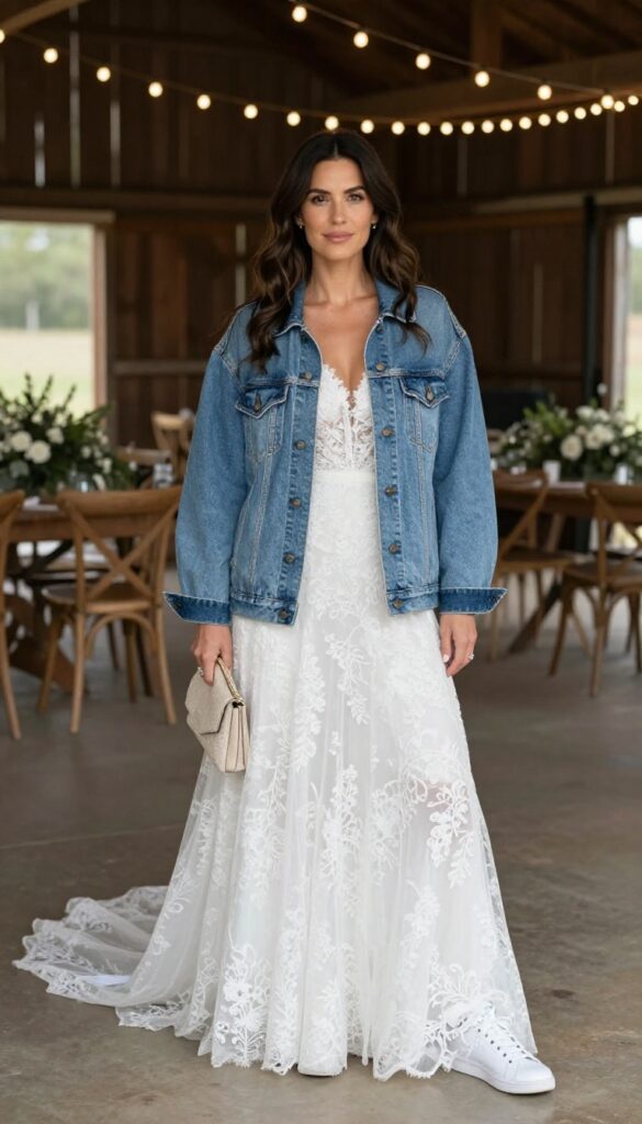 Woman in white lace wedding dress with light-wash denim jacket and white sneakers at rustic barn venue with string lights
