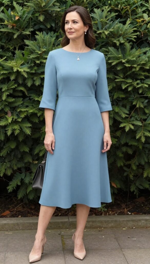Woman in dusty blue tea-length dress with three-quarter sleeves, nude kitten heels, and structured handbag in garden wedding setting.