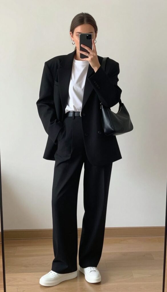 A woman in an oversized white tee and black wide-leg trousers with a black cropped blazer, taking a mirror selfie in a bright room.