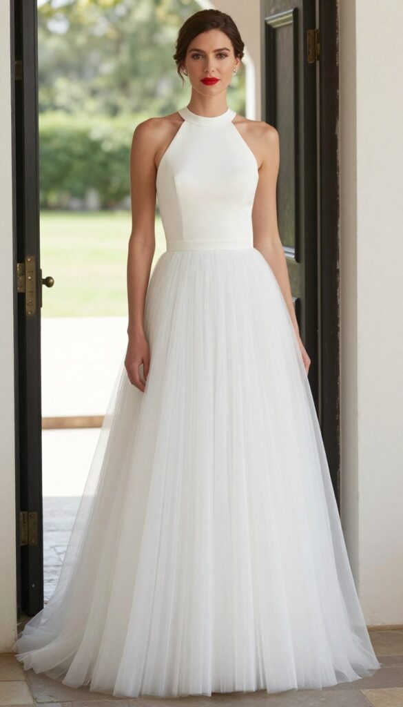 Bride in high neck keyhole back ball gown wedding dress