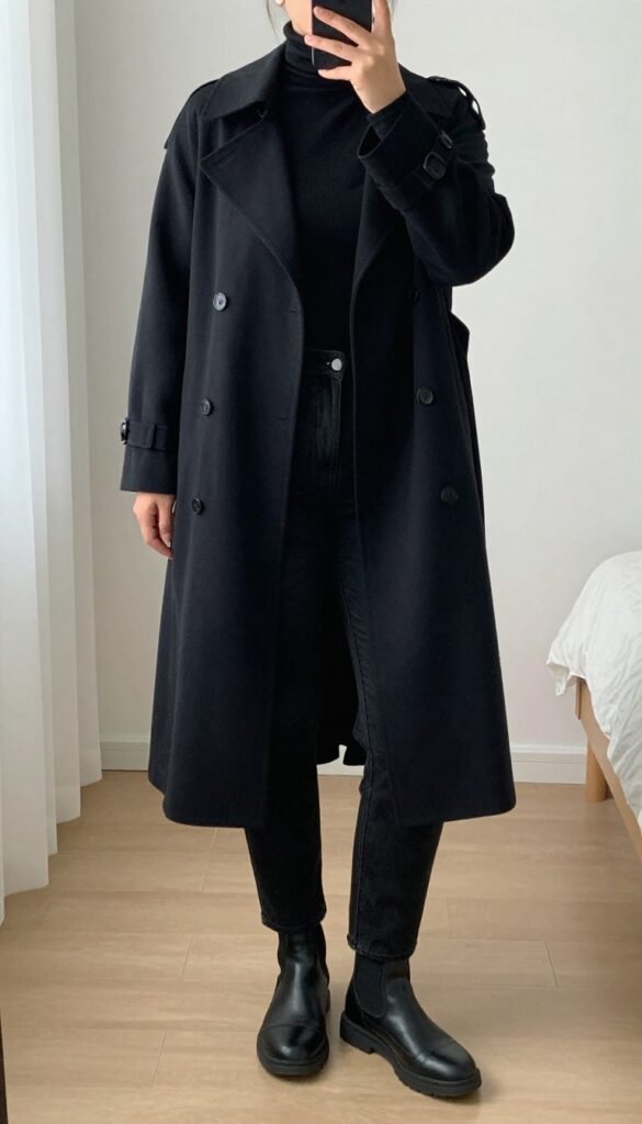 A woman in a black turtleneck, long cardigan, black jeans, and sneakers, taking a mirror selfie in a bedroom.