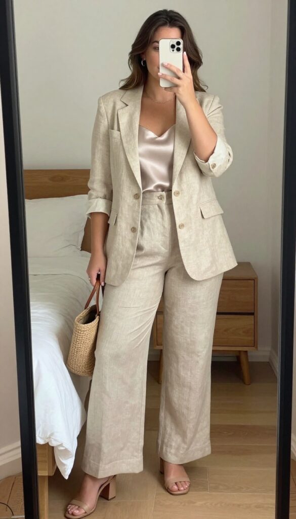 Curvy woman in beige linen blazer, satin camisole, and wide-leg trousers with block-heel sandals and woven tote, posing in a bright office or café setting.
