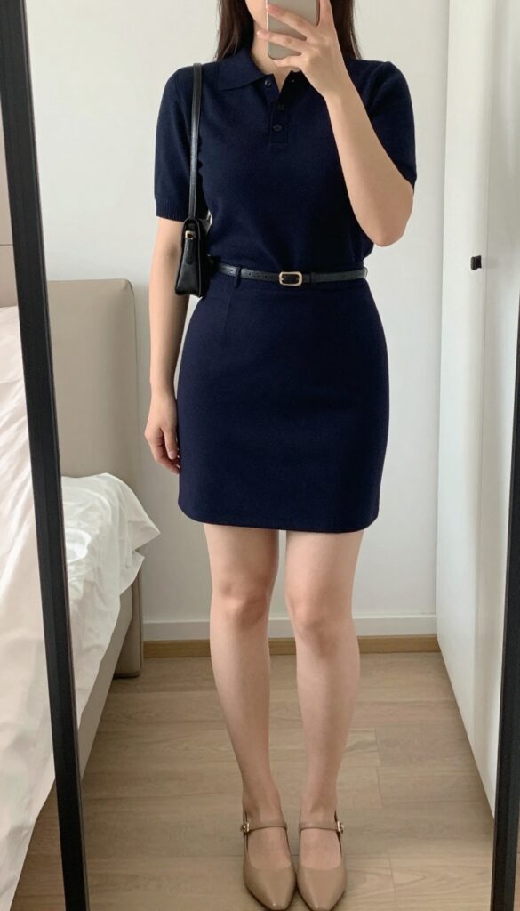 Model in navy knit polo and A-line skirt with kitten heels and shoulder bag, taking a mirror selfie in bedroom, phone partially covering face.